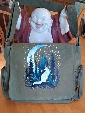 Source Unknown Olive Green Canvas Crossbody Bag with Fox and Moon Design